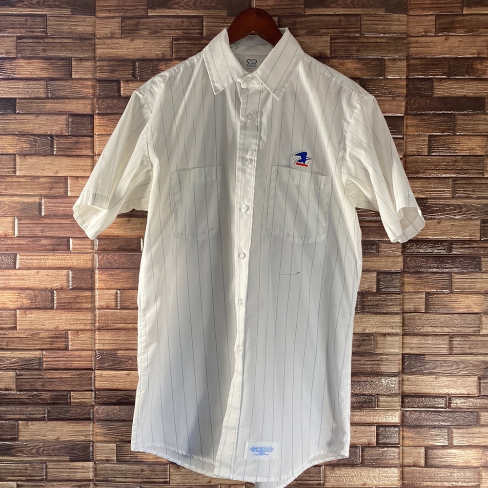 VTG 70s USPS US Mail Pinstriped Button Down Shirt Size 15